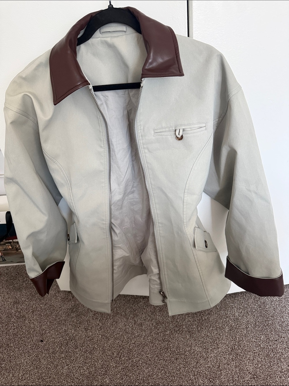Ivory Jacket with Brown Leather Collar & Cuffs